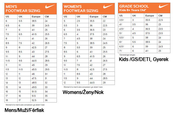 boy grade school size chart to women's nike